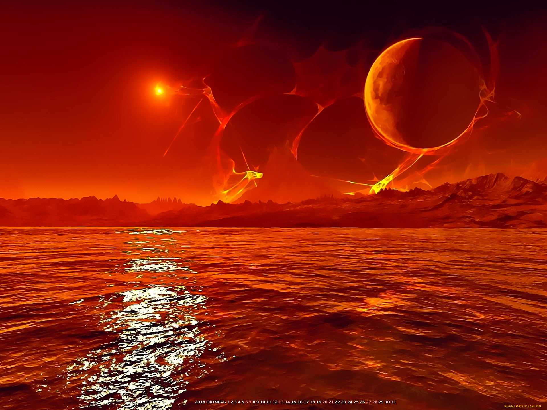 Закат двух солнц. Космический пейзаж. Закат на других планетах. Поверхность планеты. Солнце в космосе.